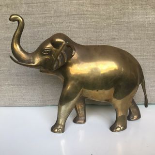 Vintage Heavy Solid Brass Elephant Trunk Up Figurine Patina 8.  75”h X 10”l