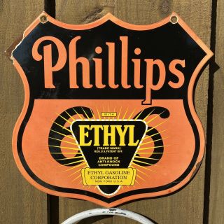Vintage Phillips 66 Ethyl Gasoline Porcelain Sign Us Oil Lube Gas Station Shield