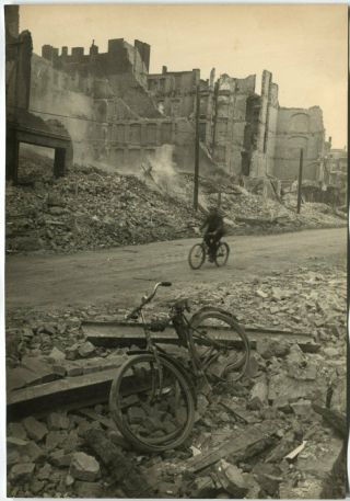 Wwii Press Photo: Russian Soldier Riding Bicycle On Ruined Berlin Street May1945