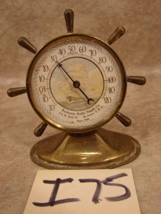 I75 Vintage Desk Top Thermometer Rochester Radio Supply Co.  Nautical Ship Wheel