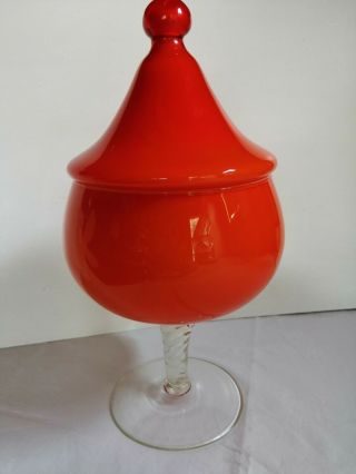Vintage Italian Empoli Orange Glass Lidded Bon Bon Dish Apothecary Jar 32 Cm