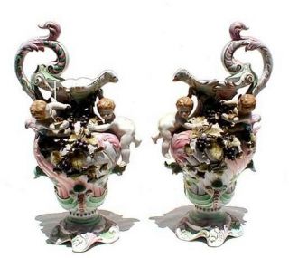 Vintage " Andrea By Sadek " Cupid & Floral Pitcher Vases