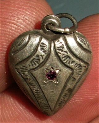 Antique World War 2 Ww2 United States Garnet Heart Sterling Silver Charm Vafo