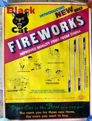 Vintage Black Cat Fireworks Advertising Poster Whistling Happy Rocket