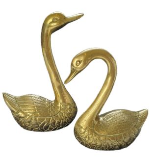 Set Of 2 Large Solid Brass Swans Geese Vintage Mid Century 11 " Tall Gold Patina