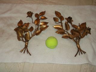 Set 2 Vintage Gold Metal Wire Wall Sconce With Leaves,  2 Roses,  1 Candleholder