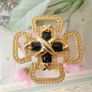 Vintage St John Black Enamel Gold Tone Maltese Cross Pin Brooch