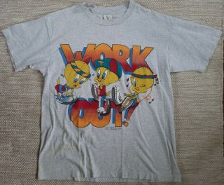 Vintage 1996 Looney Tunes Tweety Bird T - Shirt Sz L Warner Bros Work Out Tee