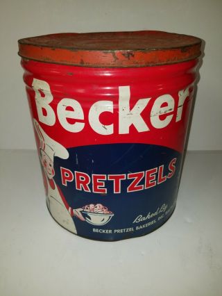 Vintage Large Becker’s Pretzels Rare Old Advertising Tin Baltimore Maryland