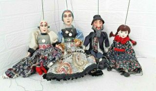Four Vintage Marionettes Puppets Ceramic Wood Family Group
