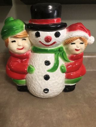 Vintage Blow Mold Light Up Snowman With Children Union Products
