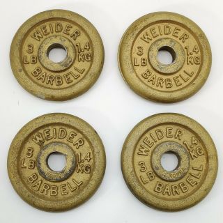 4 Vintage Weider Barbell Dumbbell 3 Lb Weight Plates 1 Inch 12 Lb Total Gold
