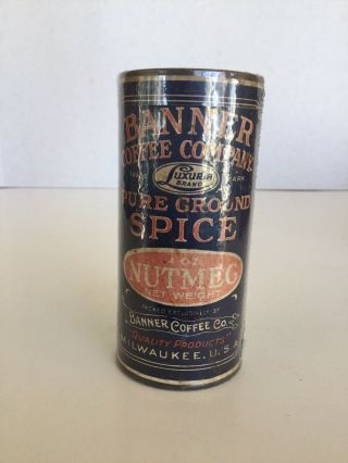 Vintage Banner Brand Nutmeg Spice Tin Can 4 Oz,  Banner Coffee Co. ,  Milwaukee,  Wi