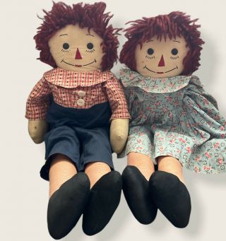 Vintage 20 " Tall Handmade Raggedy Ann & Andy Dolls I Love You On Chest