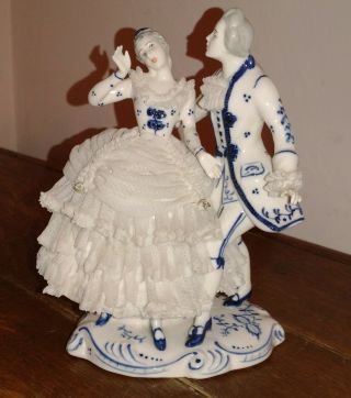 Dresden Vintage Blue & White Lace Figurine Courting Couple Dancing - Germany 475
