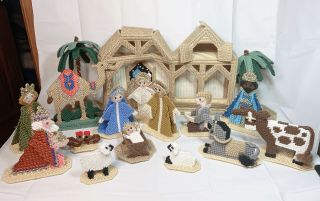 Vintage Christmas Nativity Complete Handmade Plastic Canvas Yarn 9.  5” Ooak 18pc