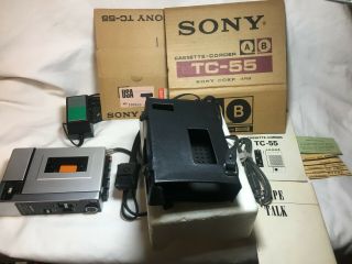 Vtg Sony Tc - 55 Cassette Corder Tape Recorder W/sony Leather Case Papers & Box