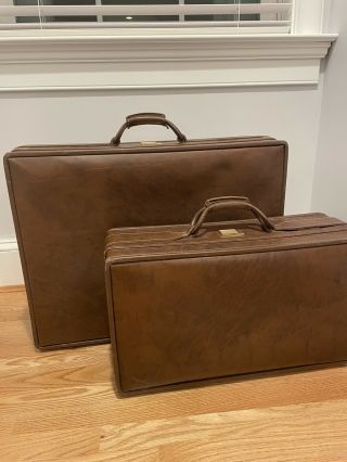 Set Of 2 Vintage Hartmann Luggage Pullman Belting Leather Suitcase - Dark Brown