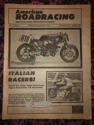 American Roadracing Motorcycle Newspaper August 1987 Italian Ducati Cagiva Prix