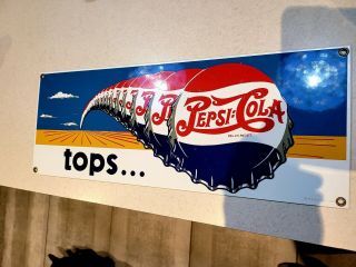 VINTAGE heavy Pepsi Cola Tops Soda Pop Gas Station Porcelain Metal Sign 2