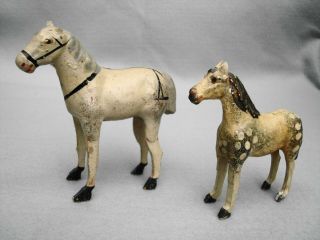 2 Large Antique German Horses With Stick Legs For Putz Scene