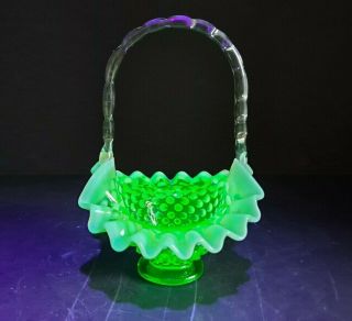 Rare Vintage Fenton Green Glow Opalescent Hobnail Vaseline Uranium Glass Basket