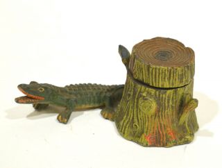 C1920 Metal Inkwell - Alligator & Tree Stump - Germany Jacksonville Fl Souvenir