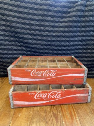 (2) Vintage Wood Red Coca Cola Crate 24 Bottle Spaces 1972