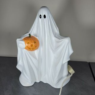 Vintage 1972 Byron Mold Ceramic Ghost With Pumpkin Halloween Decoration