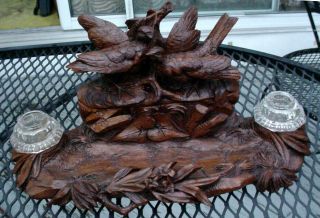 Best Quality 19thc.  Black Forest Carved Wood Double Inkwell W/ Birds Ect.  N/r