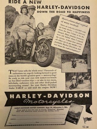 1946 Harley Davidson: Down The Road To Happiness Vintage Print Ad