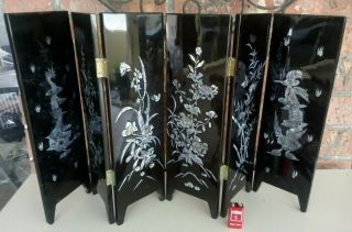 Asian Black Lacquered Wood Folding Table Screen.  6 Panel.  2 Sided 37x66cms