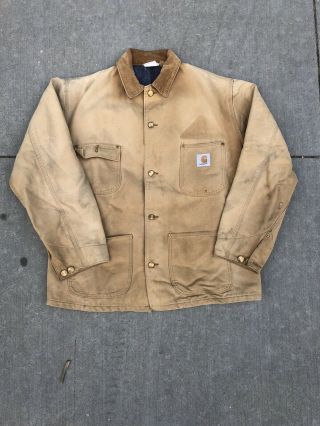 Vintage Carhartt Usa Coat Blanket Lined Distressed Jacket Mens Size L Large Tan