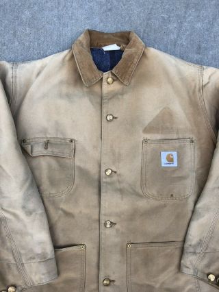 Vintage Carhartt USA Coat Blanket Lined Distressed Jacket Mens Size L Large Tan 2