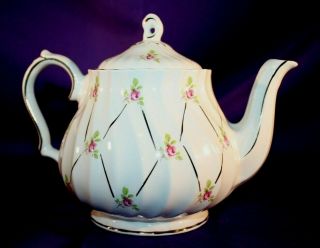 Vintage Sadler Teapot England Swirl Pattern Pink Roses Gold Trim