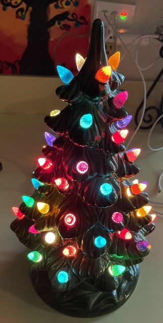 Vintage 12” Ceramic Green Christmas Tree Oval Shape Lighted Base Holland Mold