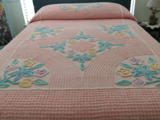 Vintage Chenille Floral Bedspread - Peachy Color - Full Size 90 X 102