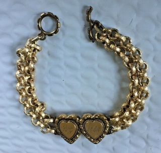 Vintage Sweetheart Bracelet,  Double Heart With Initials,  Link Bracelet