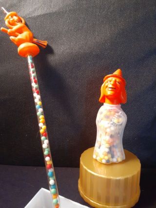 Vintage Halloween Plastic Candy Container Witch Head And Stick Container