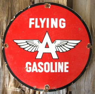 Flying A Gasoline Vintage Porcelain Enamel Gas Pump Oil Service Station Sign