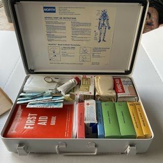 Johnson & Johnson Vintage First Aid Kit Metal Wall Mount With Contents