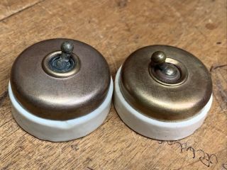 Vintage Brass Ceramic Light Switches X 2 Old White Porcelain Dolly Toggle On/off