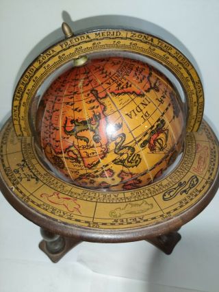 Vintage Wood Old World Globe Desktop Zodiac Astrology Zona Signs / Made In Italy
