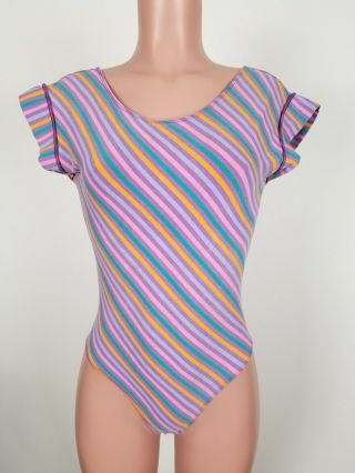 Vintage 80s Dance Aerobics Sexy Short Sleeve Striped Leotard Womens Xl Vtg