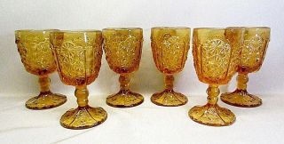 Vintage L.  G.  Wright Daisy & Button Amber.  Set Of 6.  8 Ounce Water Goblets