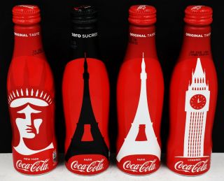 Eiffel Tower,  Big Ben,  Statue Of Liberty Aluminum Coca Cola 4 Bottle Set