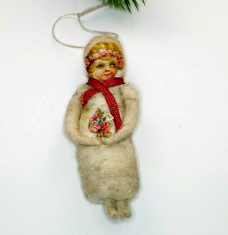 Antique Spun Cotton,  Christmas Ornaments,  Girl With A Bouquet.  Germany.