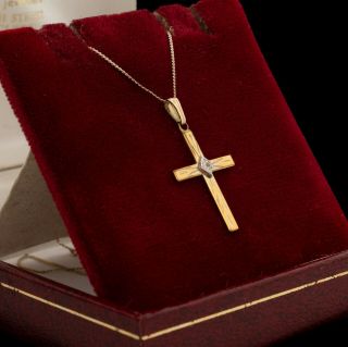 Antique Vintage Deco Mid Century 14k Gold Filled Gf Diamond Cross Necklace 1.  3g