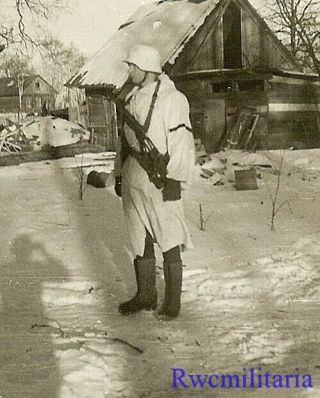 Rare Helmeted Wehrmacht Soldier In Snow Camo W/ Mp - 40 Maschinenpistole