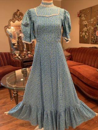 Vintage 1970s Soft Blue Calico Prairie Victorian Maxi Dress Medium 31” Waist